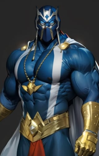 Imagine a cutting-edge strong superhero. wears a full mask, cape, dressed in a blue outfit,glass blue eyes, huge muscles,on roof top in city,red cloth hanging from gold belt,gold gloves,white cape, list their extraordinary powers, and detail the city-saving adventures they embark on,6000