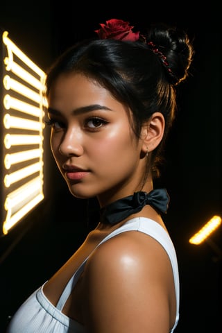 (billboard-quality:1.2), (atmospheric high school girl:1.3), A high school girl with brown-black hair, fair skin, and black eyes stands tall, exuding confidence and power. Her toned yet plump figure is complemented by a perfectly coiled hair bun adorned with a hairpin featuring a red rose, a blue butterfly, and a white rabbit. The scene is bathed in an atmospheric light and shadow, creating a mysterious and aesthetically pleasing atmosphere.