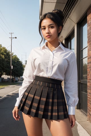 (billboard-quality:1.2), (atmospheric high school girl:1.3), The scene is bathed in an atmospheric light and shadow, creating a mysterious and aesthetically pleasing atmosphere.

A high school girl with brown-black hair, fair skin, and black eyes stands tall, exuding confidence and power. toned yet plump figure, perfectly coiled hair bun,
school girl uniform, white, pleated skirt, plaid skirt, supper short skirt, tiny skirt, skin tight clothes,  black tie,standing, facing  viewer,wide angle, full view



