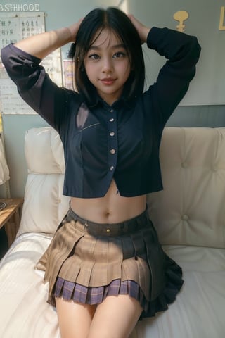 (billboard-quality:1.2), (atmospheric high school girl:1.3), A young high school girl with brown-black hair, fair skin, and black eyes, toned thin figure, perfect pony tail, Lovely (Very short uniform)、((Milk spilled on the skirt)),navy blue short pleated skirt、very very short skirt、A smile. Beautiful belly button、Thin leg、Slender body、neck tie, perky Breasts,  Blush Eyeshadow,  Thick Eyelashes,  Skin tight Clothes,  See-Through blouse,  Open Navel,  suspenders Short plaid skirt, photo realistic, Realistic, (beautiful small breasts), (hi-school uniform with open chest:1.6), pleated skirt, bedroom, from above lying on her back, head on a pillow, spread open legs, 

























































































































,better_hands,real_yami ,AGGA_STH005,lisa