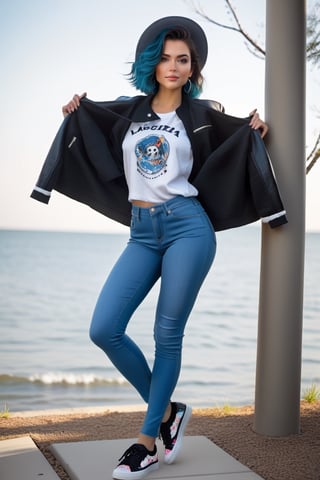 atractiva mujer de 20 años con ojos azul celeste. Viste un par de jeans ajustados que realzan su figura, camiseta blanca corta, una chaqueta de cuero negra que le da un toque de rebeldía y sofisticación. Sus zapatillas modernas complementan su look casual. Su cabello negro largo cae con elegancia sobre sus hombros. La imagen debe destacar su belleza y confianza en este atuendo con chaqueta de cuero sin gorros, dos brazos abiertos." cabello lago suelto sin sombrero. manos lindas, sin bolsos, con pulseras.