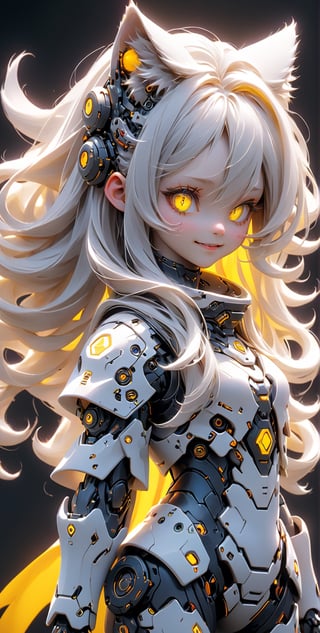 Banner clothing, long hair, leaning_forward, light smile, , (((full body))), Eizan Kikukawa, cybernetic, cyberpunk art, plasticien best quality, masterpiece, perface, Utail, Utails , hyperdetailed eyes, 8k, harmonic, beautiful, intricate details | albino skin, crystal yellow eyes, long and wavy white hair, composing  aura,blurry_light_background,midjourney,Korean,Beauty,Girl,High detailed ,Color magic,LinkGirl,cutegirlmix,cyborg style,korean girl,SAM YANG,asian girl,Saturated colors,mecha,TifaFF7,photo r3al,science fiction,isni,Xxmix_Catecat,traditional