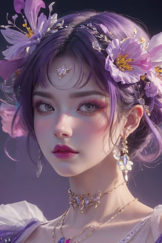 purple theme,  snowflakes,  looking at viewer,  colorful hair,  jewelry,  close up,  ultra high res,  deep shadow, (best quality,  masterpiece),  dimly lit,  shade, highly detailed,  bold makeup,  flower,  solid color background,  depth of field,  film grain,  fashion_girl,  accessories, High detailed, ,fashion_girl,dream_girl