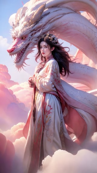 photorealistic,realistic,photography,masterpiece,best quality,ultra-detailed,extremely detailed CG unity 8k wallpaper,1girl,cloud,pink theme,pink white dragon,,moyou,forehead,white hair,big breasts
