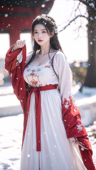 hanfu2, Best Quality, masterpiece, Super High Resolution, (realistic: 1.4) , (Snowing:1.6), 1 girl, (long hair:1.2),  (big breasts:1.59),hanfu,18-year-old,  (best quality, 8k, Masterpiece: 1.3) , exquisite (realistic style) , extreme face, photo-level lighting,  creamy skin, fair skin, high-detail skin, realistic skin details, visible pores, (super-detail) , (perfect body: 1.1) , long hair, (dynamic pose:1.3) , (big breasts:1.6),1girl,long skirt,long sleeves,HOG_Calligraphy_Tatoo,myhanfu,moyou,embroidered flower patterns,tangdynastyhanfu