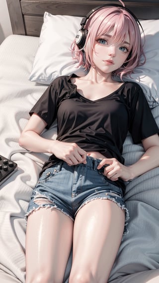 (realistic:1.4),feets_up,lying down, riamuyumemi, ,riamu yumemi, ahoge, blue hair, hair intakes, multicolored hair, (multicolored eyes, blue eyes:1.1), hot pink hair, short hair, two-tone hair,BREAK,  barefoot,   shirt, short sleeves, t-shirt,BREAK looking at viewer, full body,BREAK indoors,BREAK , (masterpiece:1.2), best quality, high resolution, unity 8k wallpaper, (illustration:0.8), (beautiful detailed eyes:1.6), extremely detailed face, perfect lighting, extremely detailed CG, (perfect hands, perfect anatomy),Realism,riamu,ph_Mar,perfect,photorealistic, 

A young woman with wild, disheveled hair, synthwave, lost in her own world, listening to music through her headphones, lying on bed, wearing a cargo pants surrounded by a chaotic bedroom background, drawn in the classic 90s anime art style of Naoko Takeuchi with a VHS effect, 