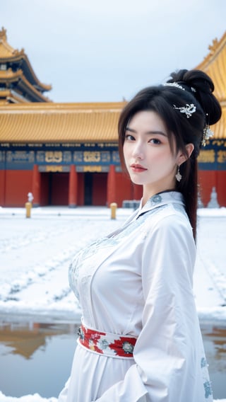 Masterpiece, Best Quality,young and beautiful Chinese girl wearing a cheongsam with coiled hair,wearing vintage Chinese earrings, (big breasts:1.39),1girl, half, (Masterpiece:1.2), best quality, red arien_hanfu, 1girl, (falling_snow:1.39), looking_at_viewer, , (big breasts:1.5),Young beauty spirit,（The background is the Forbidden City1.3）,moyou