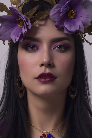 purple theme,  snowflakes,  looking at viewer,  colorful hair,  jewelry,  close up,  ultra high res,  deep shadow, (best quality,  masterpiece),  dimly lit,  shade, highly detailed,  bold makeup,  flower,  solid color background,  depth of field,  film grain,  fashion_girl,  accessories, High detailed, ,fashion_girl,dream_girl,photorealistic