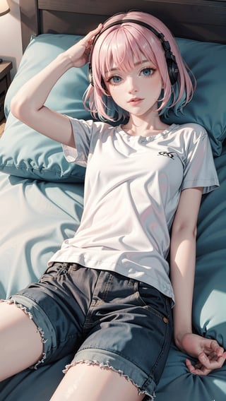 (realistic:1.4),feets_up,lying down, riamuyumemi, ,riamu yumemi, ahoge, blue hair, hair intakes, multicolored hair, (multicolored eyes, blue eyes:1.1), hot pink hair, short hair, two-tone hair,BREAK,  barefoot,   shirt, short sleeves, t-shirt,BREAK looking at viewer, full body,BREAK indoors,BREAK , (masterpiece:1.2), best quality, high resolution, unity 8k wallpaper, (illustration:0.8), (beautiful detailed eyes:1.6), extremely detailed face, perfect lighting, extremely detailed CG, (perfect hands, perfect anatomy),Realism,riamu,ph_Mar,perfect,photorealistic, 

A young woman with wild, disheveled hair, synthwave, lost in her own world, listening to music through her headphones, lying on bed, wearing a cargo pants surrounded by a chaotic bedroom background, drawn in the classic 90s anime art style of Naoko Takeuchi with a VHS effect, 