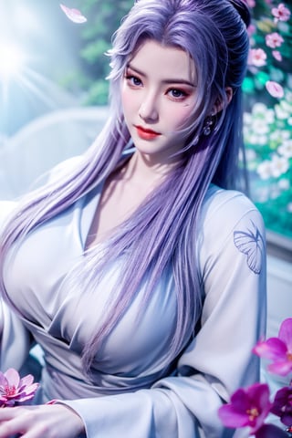(masterpiece, best quality:1.2), highres, extremely detailed, 1 girl, purple hair, eye highlights,purple dress, frills, outdoors, flower, fluttering petals, upper body, depth of field,pastel color, Depth of field,garden of the sun,shiny,flowers, garden, 1girl, butterfly style, butterflies, ultra detailed, glary,Light, light particles,glitter,reflect,,(big breasts:1.59),Xyunxiao,sky_moon,hanfu