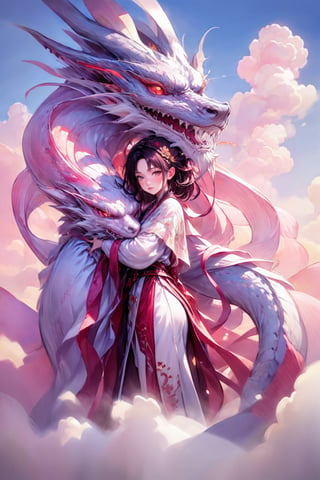 photorealistic,realistic,photography,masterpiece,best quality,ultra-detailed,extremely detailed CG unity 8k wallpaper,1girl,cloud,pink theme,pink white dragon,,moyou
