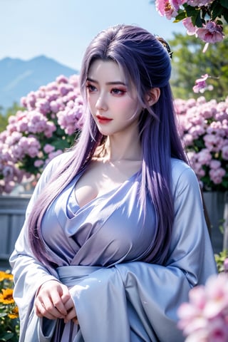 (masterpiece, best quality:1.2), highres, extremely detailed, 1 girl, purple hair, eye highlights,purple dress, frills, outdoors, flower, fluttering petals, upper body, depth of field,pastel color, Depth of field,garden of the sun,shiny,flowers, garden, 1girl, butterfly style, butterflies, ultra detailed, glary,Light, light particles,glitter,reflect,,(big breasts:1.52),Xyunxiao,sky_moon,hanfu