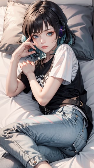 (realistic:1.4),feets_up,lying down, riamuyumemi, ,riamu yumemi, ahoge, blue hair, hair intakes, multicolored hair, (multicolored eyes, blue eyes:1.1), hot pink hair, short hair, two-tone hair,BREAK,  barefoot,   shirt, short sleeves, t-shirt,BREAK looking at viewer, full body,BREAK indoors,BREAK , (masterpiece:1.2), best quality, high resolution, unity 8k wallpaper, (illustration:0.8), (beautiful detailed eyes:1.6), extremely detailed face, perfect lighting, extremely detailed CG, (perfect hands, perfect anatomy),Realism,riamu,ph_Mar,perfect,photorealistic, 

A young woman with wild, disheveled hair, synthwave, lost in her own world, listening to music through her headphones, lying on bed, wearing a cargo pants surrounded by a chaotic bedroom background, drawn in the classic 90s anime art style of Naoko Takeuchi with a VHS effect, 