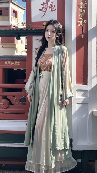 ,(hanfu),(floral print:1.3),(pink see-through shirt),(green see-through print long skirt),(long sleeves),1 girl,full body,(long hair:1.1), (realistic:1.7),((best quality)),absurdres,(ultra high res),(photorealistic:1.6),photorealistic,octane render,(hyperrealistic:1.2), (photorealistic face:1.2), (8k), (4k), (Masterpiece),(realistic skin texture), (illustration, cinematic lighting,wallpaper),( beautiful eyes:1.2),((((perfect face)))),(cute),(standing),(black hair),black eyes,red lips, outdoors, (chinese style buildings), ,hanfu