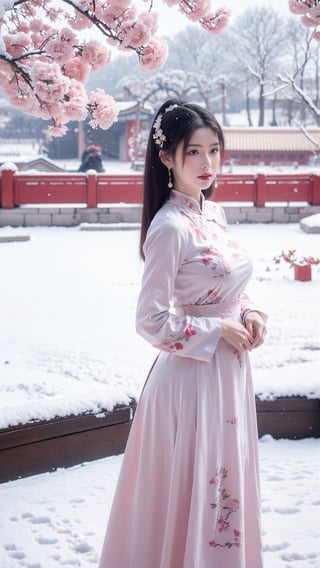 Masterpiece, Best Quality,  qipao,young and beautiful Chinese girl wearing a cheongsam with coiled hair, , wearing vintage Chinese earrings, (big breasts:1.29),in front of the Forbidden City, with a large aperture portrait lens,(big breasts:1.39),embroidered flower patterns,(Peonies, cherry blossoms, plum blossoms:1.3), (snow:1.5),1girl,long skirt,Young beauty spirit 