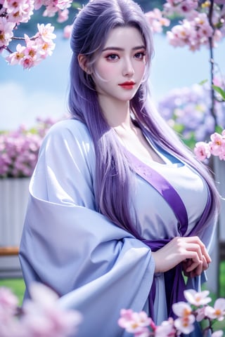 (masterpiece, best quality:1.2), highres, extremely detailed, 1 girl, purple hair, eye highlights,purple dress, frills, outdoors, flower, fluttering petals, upper body, depth of field,pastel color, Depth of field,garden of the sun,shiny,flowers, garden, 1girl, butterfly style, butterflies, ultra detailed, glary,Light, light particles,glitter,reflect,,(big breasts:1.39),Xyunxiao,sky_moon,hanfu