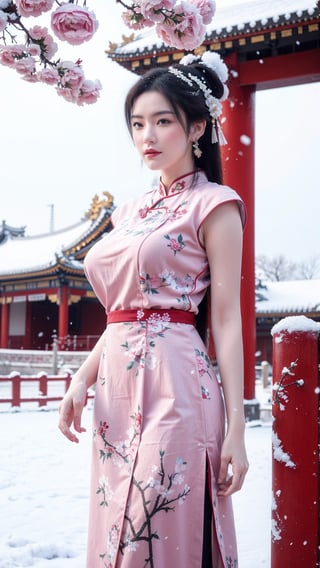 Masterpiece, Best Quality,  qipao,young and beautiful Chinese girl wearing a cheongsam with coiled hair, , wearing vintage Chinese earrings, (big breasts:1.29),in front of the Forbidden City, with a large aperture portrait lens,(big breasts:1.39),embroidered flower patterns,(Peonies, cherry blossoms, plum blossoms:1.3), (snow:1.5),1girl,long skirt,Young beauty spirit , cuihua
