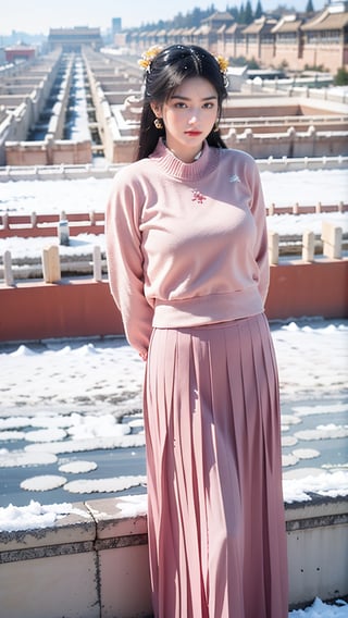 masterpiece, best quality, 1girl,Chinese hanfu,(pink sweater,mid length pleated skirt:1.2),(Forbidden City background, snowing, plum blossoms:1.2),plush clothes,(scarf:1.1),arms_behind_back,Young beauty spirit, (big breasts:1.3), 