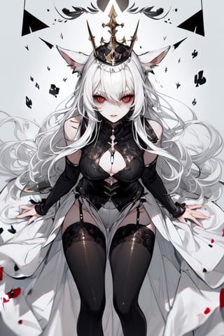 Playing card style background (Hearts) (blackandwhite_backgraound:1.3), (White_hair:1.2), (gradient:1.2), wide_shot, scenery, 2 Hair_ornament in the shape of (symmetrical) rabbit_ears, detailed background, (grow_red_particles:1.3), (blackandwhite_clothes:1.2), (gradient_clothes:1.2), , (white_clothes:1.1), (black_clothes:1.3), long hair, floating hair, (((dramatic))), (((gritty))), (((intense))). She confidently of the poster, wearing a (Gray (X11 gray):1.1) and (Seashell:1.1) stylish and edgy outfit, The background is gray and sandy with gray hearts, with a sense of danger and intensity. Drama and excitement. The color palette is mainly dark and Fallow with splashes of vibrant colors, giving the poster a dynamic and visually striking appearance, tachi-e, with a relaxed expression on her face. leaf bikini, , (atmospheric perspective:1.1), (a close up of a person wearing a costume:1.22), (from above:1.1), wide_shot, scenery, a close up of a person wearing a costume, card game illustration, machine garden, killstar, elegant clothes, gloomy style, rabbits, solemn gesture, patchwork, Crown, feminine figure, ( symmetrical ), Queen, Queen of Hearts, Queen of rabbits, White hair, gothic art, poker card style, Red eyes, thick thighs, hold a rabbit, detail background, deck of cards style background., midjourney