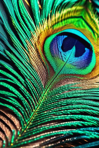 Extreme Detailed,
close up shot fora peacock feather, colorful, macro photography