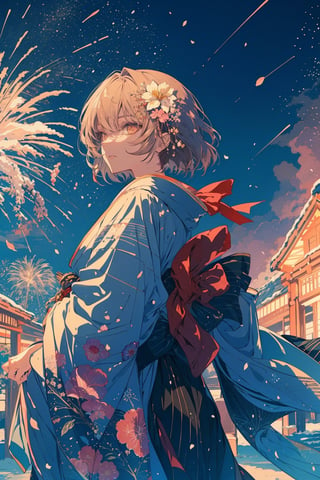 Anime ,hentai,(beautiful detailed face, beautiful detailed eyes),(((best quality,masterpiece))),(a beautiful girl,(flower pattern) kimono),(anime style),(Snow cover,night_sky ,fireworks,Matsuri, nature view),more detail XL,EpicSky,cloud,brown hair,brown eyes