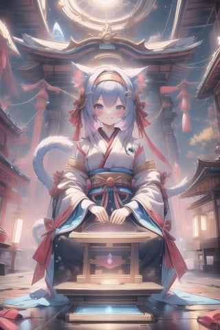 A happy high school girl wearing a shrine maiden costume and a cat-ear headband against the backdrop of a shrine.,midjourney,cat,Spirit Fox Pendant,cat ear,DonMPl4sm4T3chXL 
