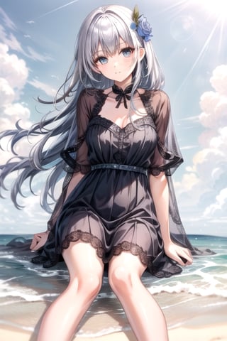 dress, white hair, delicate skin, sitting on the beach