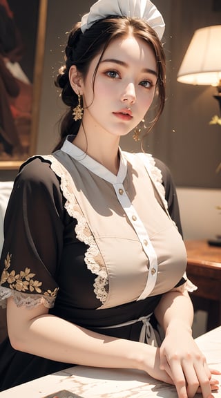 Marble dining table, kneeling at the table, warm lighting, top teen models, paintings, 1 girl, 20-year-old young girl, beautiful face, elegant body, bust size 25, black and white maid outfit, lace, straight brown hair, elegant