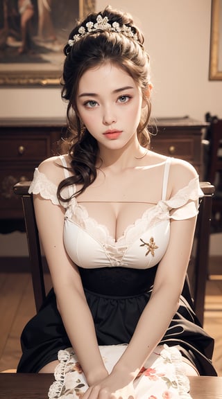 Marble dining table, kneeling at the table, warm lighting, top teen models, paintings, 1 girl, 20-year-old young girl, beautiful face, elegant body, bust size 15, black and white maid outfit, lace, straight brown hair, elegant