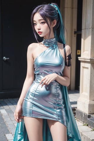 masterpiece, best quality, official art, aesthetic, 1girl, tiffany green hair, top teen model, european-japanese teen girl, 18 years old, heterochromia, detailed background, Paris fashion show, catwalk, elegant,  white-blue evening dress by George Hobeika, long ponytail, Violet color hair,gahyeon