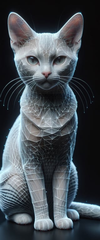 (Highly detailed and hyper-realistic lineart drawing portrait:1.3) of a (cute 3D wireframe polygonal cat:1.4), (devon rex cat:1.4), (sharp outlines:1.3), (low poly mesh:1.4), (wireframe view:1.3), looking at the viewer,  minimalistic design, well lit, (dark smoky gradient background:1.3), BREAK (full body shot:1.2), direct lighting, (muted colours:1.2), eye level, BREAK (extremely realistic and accurate:1.4), octane render, intricate, ultra-realistic, elegant, highly detailed,concept art, smooth, sharp focus, (bizarre and eclectic:1.5), three-quarters view, sharp hard lines, (no humans:1.2),ral-3dwvz,noc-wfhlgr