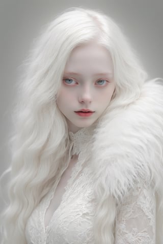 (best quality, 4k, 8k, highres, masterpiece:1.2), A creepy yet intriguing digital illustration portrait of a albino pale young girl, pure white hair,
psychedelic long hair, She wears a sexy seductive white lace outfit with white fur accents, embodying the essence of allure and sensuality, ,valent_1314