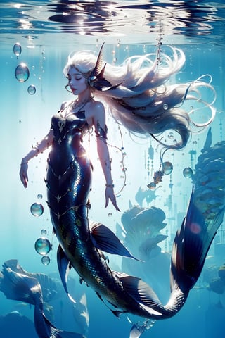 1girl, solo, long hair, jewelry, full body, closed eyes, white hair, pointy ears, necklace, monster girl, bubble, underwater, mermaid, head fins,DonMW15p