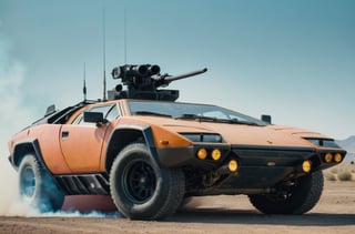 (Masterpiece, ultra detailed, hyper quality), (((wide shot))), 
Wes Anderson's Colors,
Movie screen, rich colors,
film grain,
Generate a photorealistic tank as if he was real.  
extreme realism, 
award-winning photo, sharp focus, detailed, intricate,

The appearance of the tank car is a sports car appearance fused with Lamborghini, with attack type, armed shape, weapons,

battlefield background,
The plane crashed, the sky was filled with smoke,
Car appearance cyborg style,
black car color,
The car has very complex machinery, a lot of weapons, track tires,

, cinematic lighting, bright colors, in frame,  
,photo r3al, cinematic moviemaker style,cyborg style,cyborg,cyberpunk style