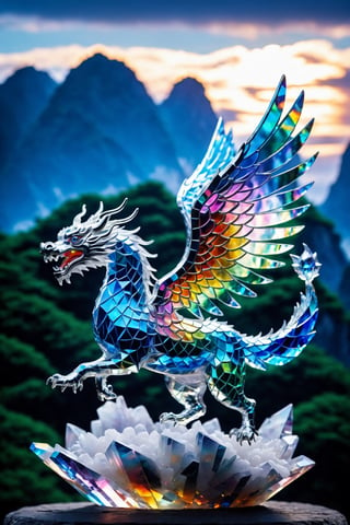 Highly detailed shot of an (((iridescence))) crystal sculpture in the shape of a CHINA DRAGAN flying on a crystal cloudy sky, often associated with the arrival of spring. In folklore, the CHINA DRAGAN is sometimes depicted as a symbol of good luck or as a harbinger of news from the spirit world, vibrant background, full motion effects, diagonal view, crystal particles glittering, back light, ultra sharp focus, high speed shot, vibrant color, Bioluminescence, high quality

,shards