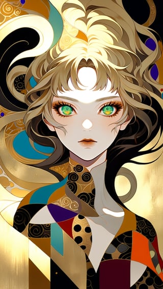 A beautiful girl, blonde hair, dynamic character, detailed exquisite face, bold high quality, high contrast, patchwork, vibrant colors, looking at viewer, complex background, intricate gold patterns, swirling motifs, (Gustav Klimt and Mucha and Caravaggio style artwork),art_booster,dal-1