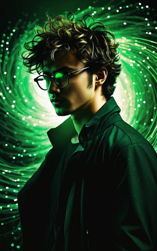 (high quality, digital art, illustration), silhouette of a young man, profile view, messy hair with man ban, glasses, dark clothing, green and black color scheme, swirling abstract background, glowing green light, ethereal atmosphere, dynamic lighting, high contrast, intricate linework, magical effect, flowing energy lines, particles and sparkles, mysterious and fantastical ambiance, cinematic composition, high resolution, captivating visuals, enchanting aesthetics.