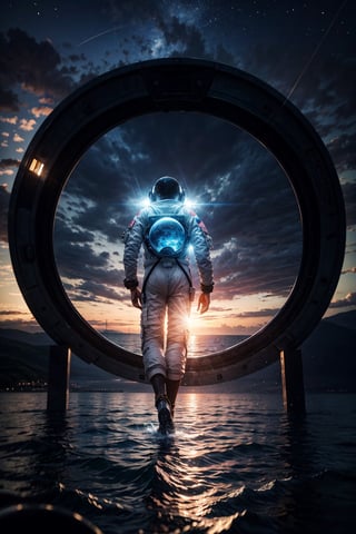 Astronaut walking on water, ocean, sea, alien portal on sea, astronaut entering portal,mysticlightKA,Add more detail