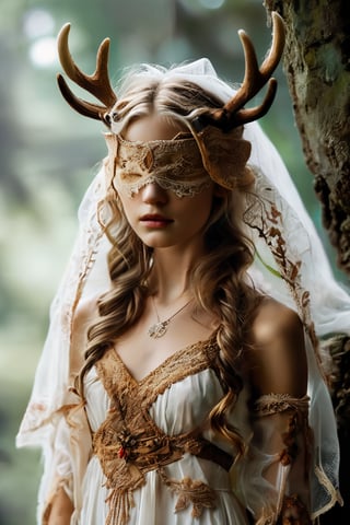 A legendary Young elf girl,ancient nordic,(wears a crown adorned with intricate antlers), a mystical veil blindfolding her, adding an air of mystery and wisdom. Her costume is a flowing ancient Germanic dress made from natural fabrics and decorated with detailed embroidery and runes. The dresses feature earth tones and elaborate patterns, reflecting her deep roots in nature and folklore..,Lace Blindfold,IMGFIX,Flower Blindfold,better photography