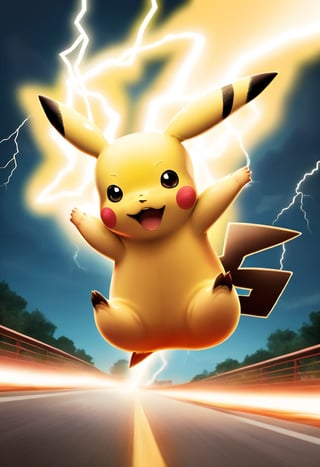 Pikachu, jumping action, hight detail, yellow Lightning, fast and furius background 