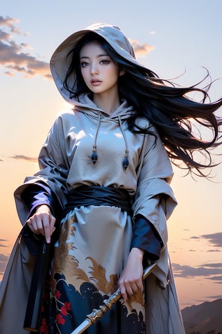 tempestmagic ,fantasy,wind storm, excessive energy , floating, enchanted robe , holding staff, mage staff , hood up, glowing hair, 1girl,glowing eyes, long hair,bj_elegant