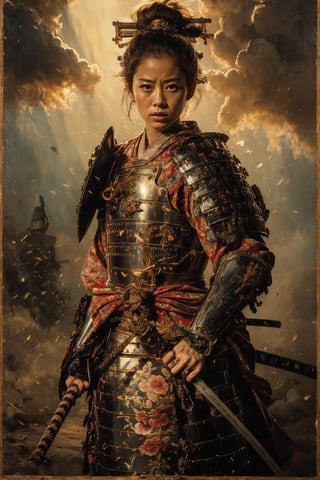 physically-based rendering, portrait, ultra-fine painting, extreme detail description, Akira Kurosawa's movie-style poster features a full-body shot of a 15-year-old young beauty girl, embodying the samurai spirit of Japan's Warring States Period, An enigmatic female samurai warrior, clad in ornate armor , This striking depiction, seemingly bursting with unspoken power, illustrates a fierce and formidable female warrior in the midst of battle. The image, likely a detailed painting, showcases the intensity of the female samurai's gaze and the intricate craftsmanship of his armor. Each intricately depicted detail mesmerizes the viewer, immersing them in the extraordinary skill and artistry captured in this remarkable 