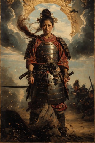 physically-based rendering, portrait, ultra-fine painting, extreme detail description, Akira Kurosawa's movie-style poster features a full-body shot of a 15-year-old girl, embodying the samurai spirit of Japan's Warring States Period, An enigmatic female samurai warrior, clad in ornate armor , This striking depiction, seemingly bursting with unspoken power, illustrates a fierce and formidable female warrior in the midst of battle. The image, likely a detailed painting, showcases the intensity of the female samurai's gaze and the intricate craftsmanship of his armor. Each intricately depicted detail mesmerizes the viewer, immersing them in the extraordinary skill and artistry captured in this remarkable 