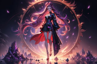 (marvel style), 1girl, purple eyes, (full_body:1.4), (Scarlet Witch costume),  long wavy hair, pigtails, serious face, masterpiece, (red-back-purple theme), ultra detailed, (detailed destructed background), cinemtatic lighting, magical circles,1 girl,DonMC3l3st14l3xpl0r3rsXL,1 girl,ghibli style, (elemental, fire, electric, thunder, lightning):1.15,Cyberpunk,fantasy00d