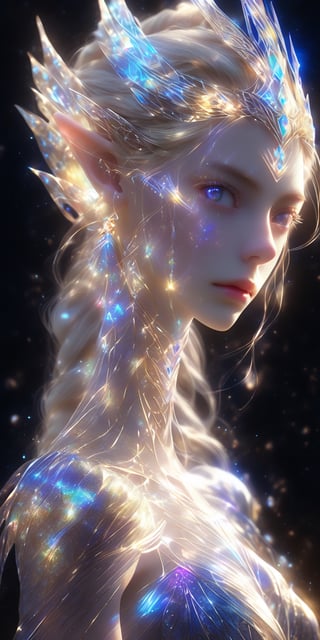 1 girl, normal chest, look at viewer, face portrait, elf, short elf ear, silky skin,surreal photography of a stunningly beautiful, blonde hair, blue eyes, intricate detailed, glowing, highly detailed, masterpiece, light particle, colourful light particles, concept art, 8 k,1girl navia, perfect split lighting