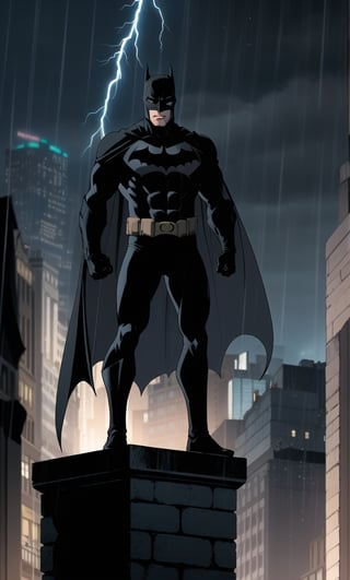 1 male,batman, white eyes,no eyelids,black batman mask,black metallic bodysuit,batman logo,black bat cape, muscular,abs,standing on top of a building, rainy dark night,bolt of lightning in the background