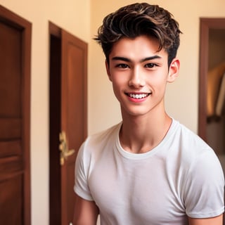 a handsome asian boy at home,clear eyes, sharp focus, black  short hair ,wear T-shirt, smiling face ,hyper realistic,,cute blond boy,handsome Italian