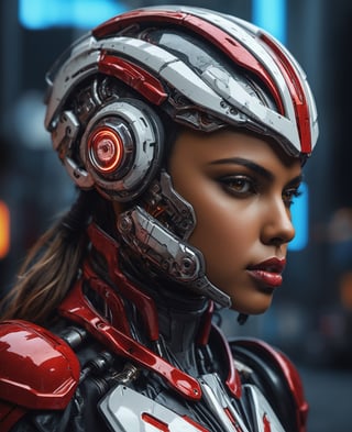 Half Potaret,  amala paul,  full size photo, street cyberpunk photo realistic , highly detailed beautiful organic molding, art nouveau, sharp focus, dynamic lighting, elegant harmony, beauty, evolution to robot , full face human cyberpunk, white and red,, ultra hd, realistic, vivid colors, highly detailed, UHD drawing, pen and ink, perfect composition, beautiful detailed intricate insanely detailed octane render trending on artstation, 8k artistic photography, photorealistic concept art, soft natural volumetric cinematic perfect light, Mysterious, smoke, shadows, contrast, clear sky, analog style (look at viewer:1.2) (skin texture) (film grain:1.3), (warm hue, warm tone
