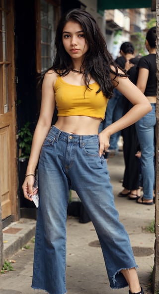 Beautiful girl in a (jeens dress), amazingly beautiful, long brown hair, fair skin, side pose, looking at viewer, background,  bare shoulders, ((jeans and crop top)), masterpiece, best quality, face focus, fashion photography, yellow, blue, photorealistic, highly detailed, (symmetrical green eyes),realistic,1 girl,Mallu 18 old babe,perfect,REALISTIC,15yo