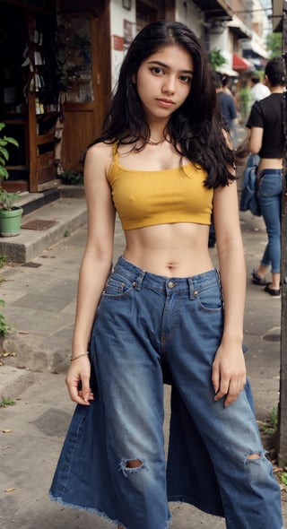 Beautiful girl in a (jeens dress), amazingly beautiful, long brown hair, fair skin, side pose, looking at viewer, background,  bare shoulders, ((jeans and crop top)), masterpiece, best quality, face focus, fashion photography, yellow, blue, photorealistic, highly detailed, (symmetrical green eyes),realistic,1 girl,Mallu 18 old babe,perfect,REALISTIC,15yo